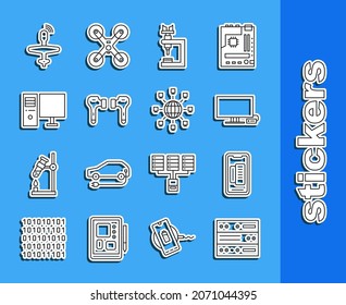 Set line Server, Data, Web Hosting, Smartphone, mobile phone, Tv, Microscope, Air headphones, Computer monitor, UAV Drone and Social network icon. Vector