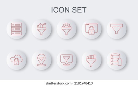 Set Line Server, Data, Web Hosting, Cloud Computing Lock, Sales Funnel With Gear, Chart, Location Sales And  Icon. Vector