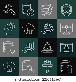 Set line Server, Data, Web Hosting, Browser with exclamation mark, Monitor password, security key, Cloud download and upload, Human head lock, Magnifying glass gear and Hand settings icon. Vector