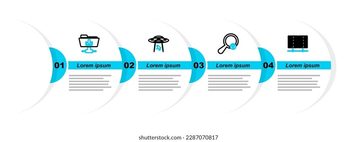 Set line Server, Data, Web Hosting, Search location, UFO abducts cow and FTP folder download icon. Vector