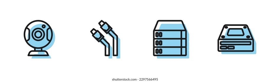 Set line Server, Data, Web Hosting, camera, LAN cable network internet and Optical disc drive icon. Vector