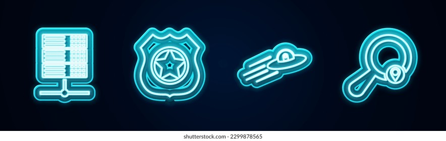 Set line Server, Data, Web Hosting, Police badge, UFO flying spaceship and alien and Search location. Glowing neon icon. Vector
