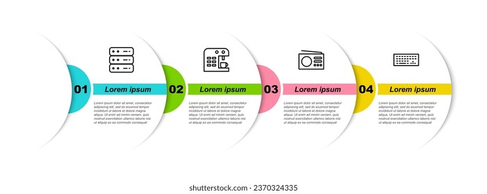 Set line Server, Data, Web Hosting, Coffee machine, Radio and Keyboard. Business infographic template. Vector