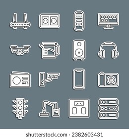 Set line Server, Data, Web Hosting, Photo camera, Headphones, Remote control, Electric kettle, Drone flying, Router and wi-fi signal and Stereo speaker icon. Vector