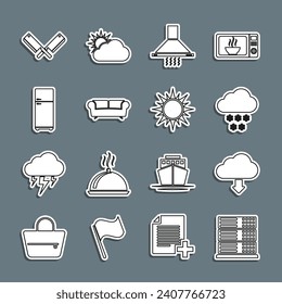 Set line Server, Data, Web Hosting, Cloud download, with snow, Kitchen extractor fan, Sofa, Refrigerator, Crossed meat chopper and Sun icon. Vector