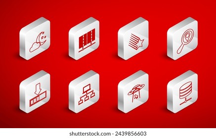 Set line Server, Data, Web Hosting, Falling star, Search location, UFO abducts cow, Cloud with moon and stars, Computer network and Loading icon. Vector