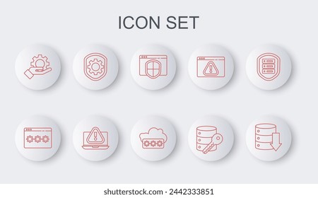 Set line Server, Data, Web Hosting, Password protection, Browser with shield, security key, Hand settings gear, Shield, Laptop exclamation mark and  icon. Vector