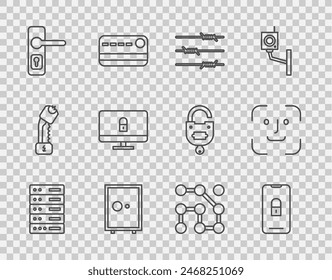 Fijar línea Servidor, Datos, Alojamiento de Web, Móvil con candado cerrado, Alambre de púas, Caja fuerte, Manija de puerta, Cerradura en el monitor de la computadora, Protección de Contraseña gráfica e ícono de reconocimiento facial. Vector