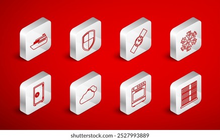 Set line Server, Data, Web Hosting, Shield, Wrist watch, Snowflake, Oven, Ship, Cloud and Safe icon. Vector