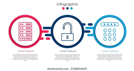 Defina a linha Servidor, Dados, Hospedagem na Web, # Proteção de cadeado aberto e senha. Modelo de infográfico comercial. Vetor