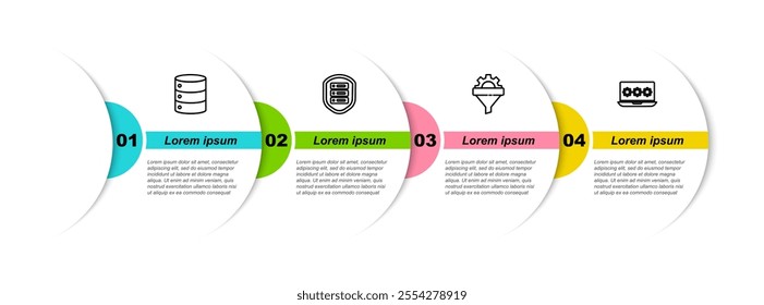 Set line Server, Data, Web Hosting, with shield, Sales funnel gear and Laptop password. Business infographic template. Vector