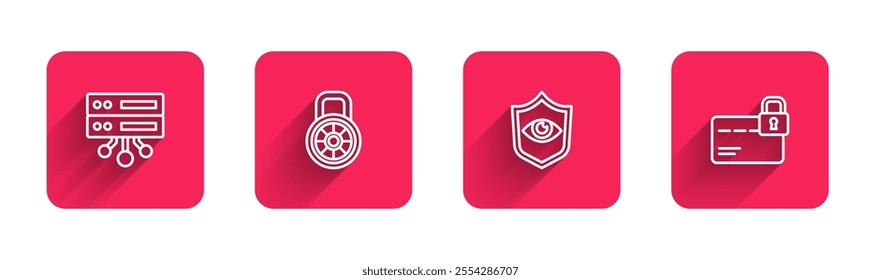 Set line Server, Data, Web Hosting, Safe combination lock, Shield and eye and Credit card with with long shadow. Red square button. Vector