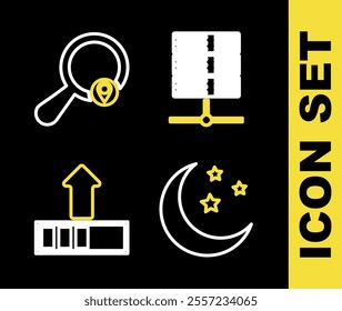 Set line Server, Data, Web Hosting, Moon and stars, Loading and Search location icon. Vector