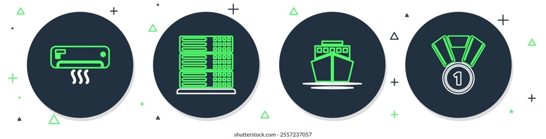 Set line Server, Data, Web Hosting, Ship, Air conditioner and Medal icon. Vector