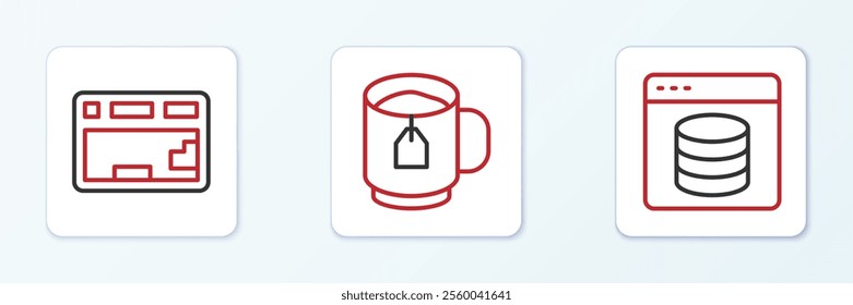 Set line Server, Data, Web Hosting, Keyboard and Cup of tea with tea bag icon. Vector