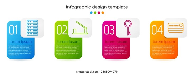 Set line Server, Data, Web Hosting, Parking car barrier, Old key and Credit card. Business infographic template. Vector