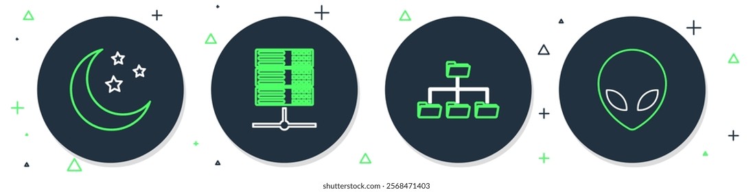 Set line Server, Data, Web Hosting, Folder tree, Moon and stars and Alien icon. Vector