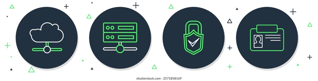 Set line Server, Data, Web Hosting, Lock and check mark, Network cloud connection and Identification badge icon. Vector