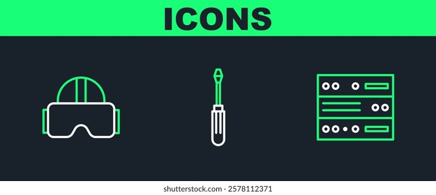 Set line Server, Data, Web Hosting, Virtual reality glasses and Screwdriver icon. Vector