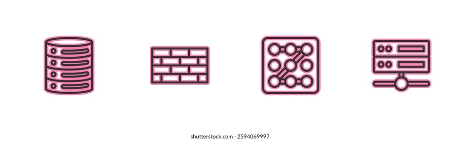 Set line Server, Data, Web Hosting, Graphic password protection, Firewall, security wall and  icon. Vector