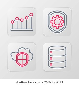 Set line Server, Data, Web Hosting, Cloud and shield, Shield with settings gear and Pie chart infographic icon. Vector