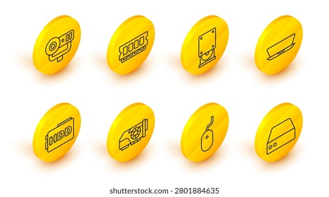 Set line Server, Data, Web Hosting, Computer mouse, Video graphic card, Hard disk drive HDD, Laptop, Optical disc, RAM, random access memory and camera icon. Vector