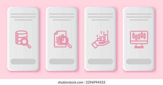 Set line Server, Document with graph chart, Financial growth and Stocks market graphs. White rectangle button. Vector