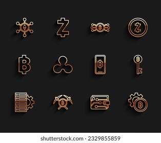 Set line Server and gear, Crossed pickaxe, Blockchain technology Ethereum ETH, Cryptocurrency wallet, coin Bitcoin, Ripple XRP, key and Phone mobile cryptocurrency icon. Vector