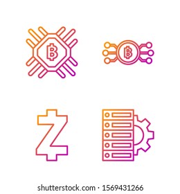 Set line Server and gear, Cryptocurrency coin Zcash ZEC, CPU mining farm and Cryptocurrency bitcoin in circle with microchip circuit. Gradient color icons. Vector