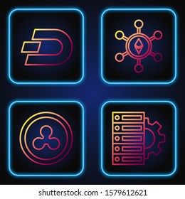 Set line Server and gear, Cryptocurrency coin Ripple XRP, Cryptocurrency coin Dash and Blockchain technology Ethereum ETH. Gradient color icons. Vector
