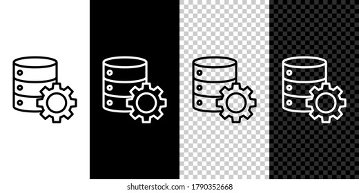 Set line Server and gear icon isolated on black and white background. Adjusting app, service concept, setting options, maintenance, repair, fixing.  Vector Illustration