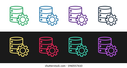 Set line Server and gear icon isolated on black and white background. Adjusting app, service concept, setting options, maintenance, repair, fixing. Vector Illustration