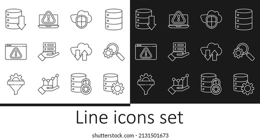 Set line Server and gear, Magnifying glass, Cloud shield, Server, Data, Web Hosting, Browser with exclamation mark, download upload and Laptop icon. Vector