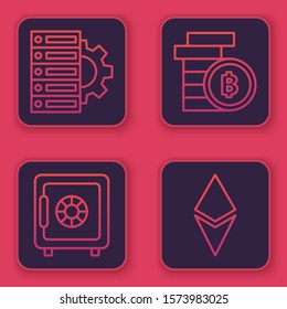 Set line Server and gear, Safe, Cryptocurrency coin Bitcoin and Cryptocurrency coin Ethereum ETH. Blue square button. Vector
