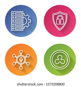 Set line Server and gear, Shield security with lock, Blockchain technology Ethereum ETH and Cryptocurrency coin Ripple XRP. Color circle button. Vector