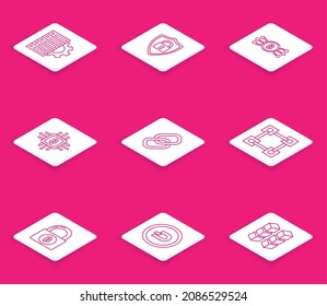 Set line Server and gear, Shield security with lock, Cryptocurrency bitcoin in circle microchip circuit, CPU mining farm, Chain link, Blockchain technology, Lock and Dash icon. Vector