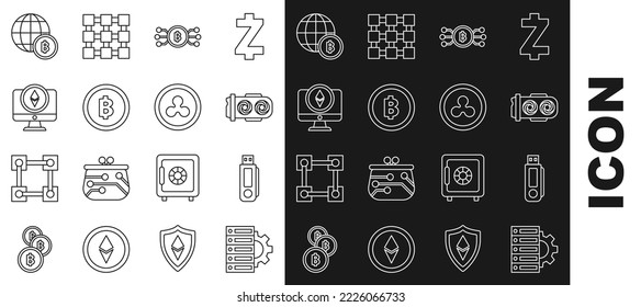 Set line Server and gear, USB flash drive, Mining farm, Cryptocurrency bitcoin circle with microchip circuit, Bitcoin, Monitor Ethereum ETH, Globe cryptocurrency and Ripple XRP icon. Vector