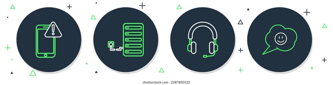 Set line Server, Headphones, Mobile with exclamation mark and Speech bubble smile face icon. Vector