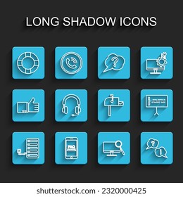 Establecer el servidor de línea, móvil con información de preguntas frecuentes, Lifebuoy, diagnóstico de monitor de ordenador, pregunta y exclamación, audífonos, información y icono del cuadro de correo abierto. Vector