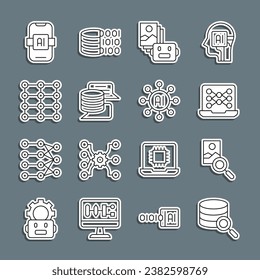 Set line Server, Photo retouching, Neural network, Artificial intelligence robot, Data, AI and  icon. Vector