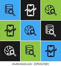Set line Server, Search globe and Mobile stock trading icon. Vector