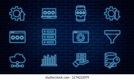 Set line Server security with key, Sales funnel, Mobile and password, Server, Data, Web Hosting, Password protection, Arrow growth gear, Browser setting and Laptop icon. Vector