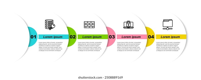 Establecer la línea de seguridad del servidor con clave, cortafuegos, pared, computadora portátil y bloqueo y carpeta FTP. Plantilla de infografía de negocios. Vector