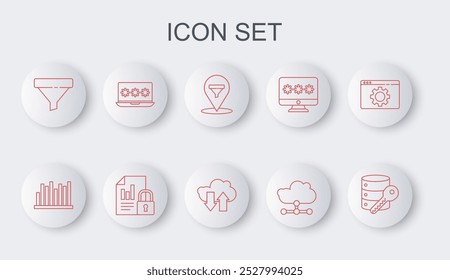 Set line Server security with key, Pie chart infographic, Location sales funnel, Network cloud connection, Sales, Laptop password, Document and lock and Cloud download upload icon. Vector