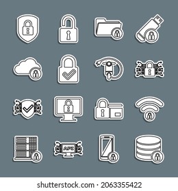 Set line Server security with lock, Wifi locked, Cyber, Folder and, Lock check mark, Cloud computing, Shield and Electric scooter icon. Vector