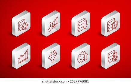 Defina a segurança do servidor da linha com bloqueio, infográfico do gráfico de pizza, servidor, dados, hospedagem Web, escudo, engrenagem de crescimento de seta e, funil de vendas e ícone. Vetor