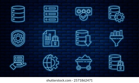 Set line Server security with lock, Sales funnel chart, Password protection, Document and, Shield settings gear, Server, Data, Web Hosting,  and  icon. Vector