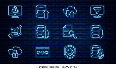 Set line Server security with lock, Server, Data, Web Hosting, Cloud download and upload, shield, Pie chart infographic, Monitor exclamation mark, Document search and  icon. Vector