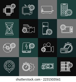Set line Server setting, Fast payments, Microwave oven, Toaster, Video camera, Old hourglass with sand, Processor and Refrigerator icon. Vector