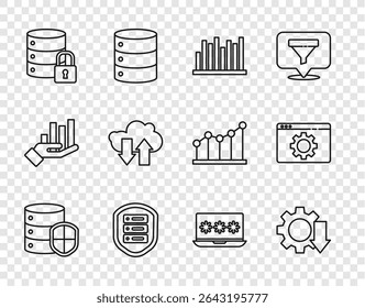 Set line Server with shield, Cost reduction, Pie chart infographic, security lock, Cloud download and upload, Laptop password and Browser setting icon. Vector
